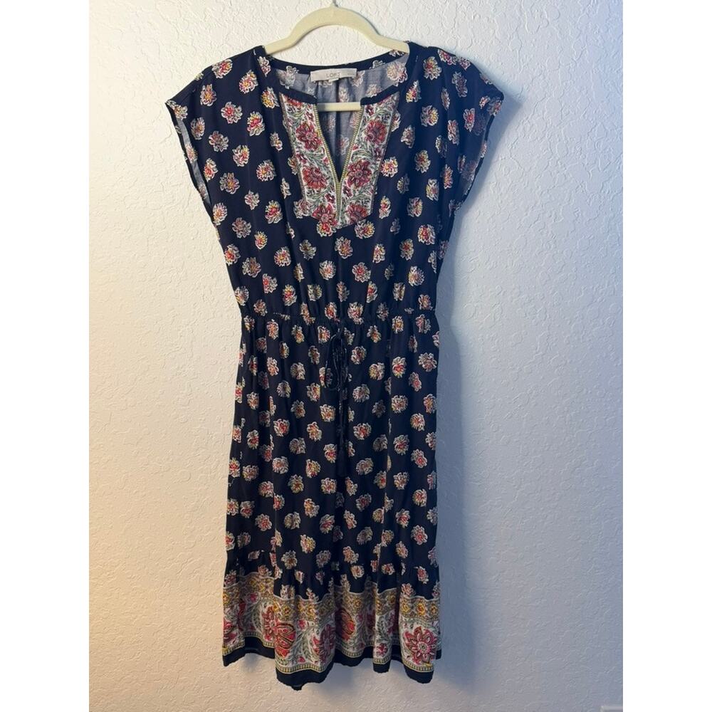 LOFT Petites Navy Blue Floral Embroidered Neck Drawstring Waist Dress Size SP